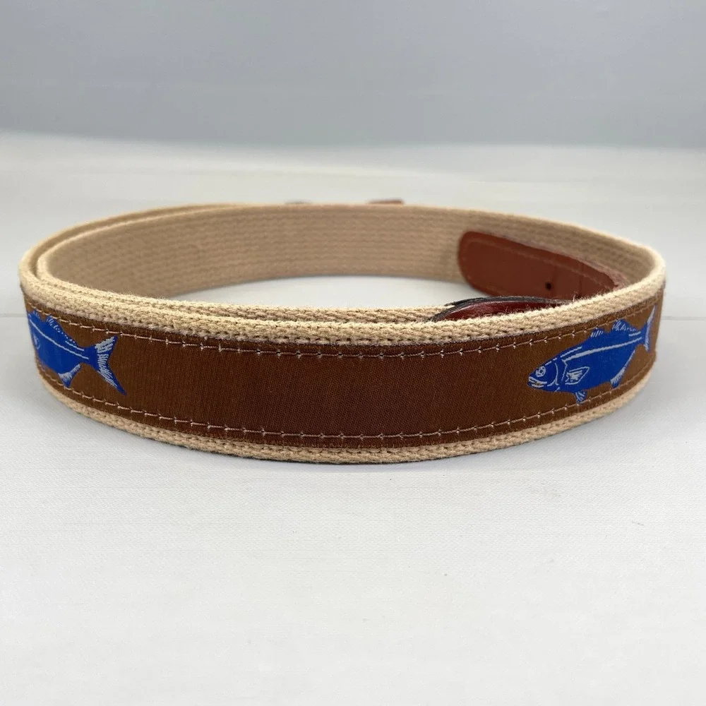 Zep-Pro Mens Size 40 Belt Brown Leather Canvas Blue Fish - Made in USA